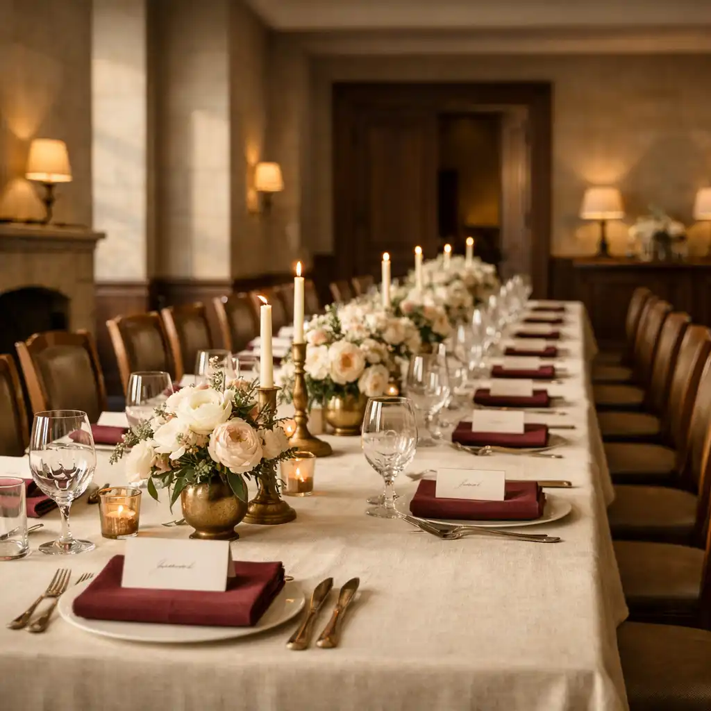 Fertig vorbereiteter privater Dining-Raum mit langer gedeckter Tafel, Tageslicht und warmen Messingdetails