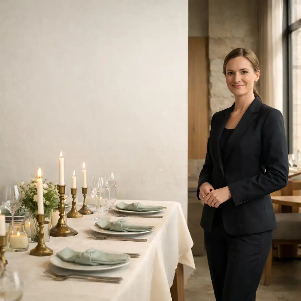 Professioneller Eventhost neben einer vorbereitet gedeckten Tafel in einem hellen Restaurant