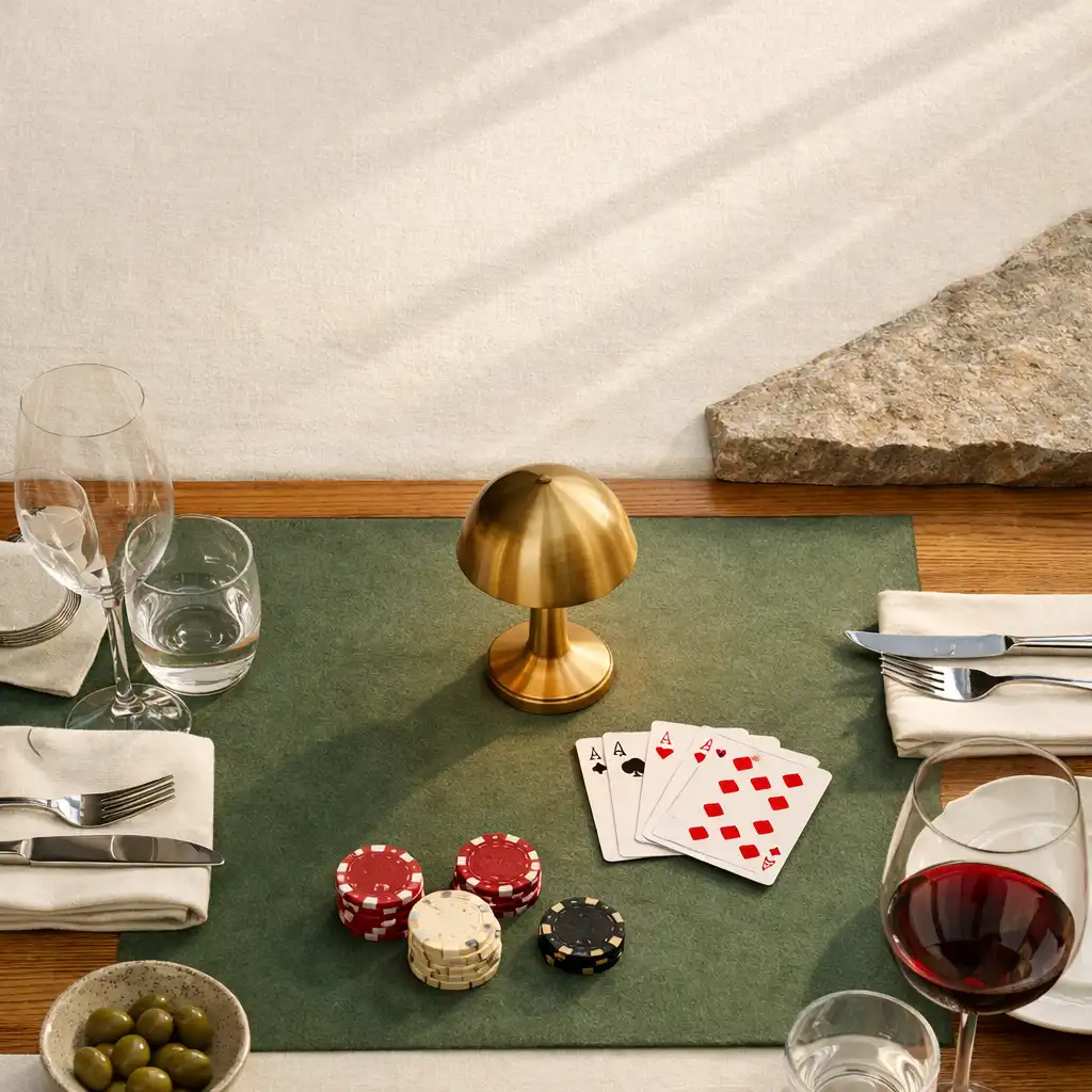 Vorbereiteter heller Restauranttisch mit Leinentextil, gedecktem Spieleinsatz und Messingobjekt für ein kuratiertes Offline-Event.