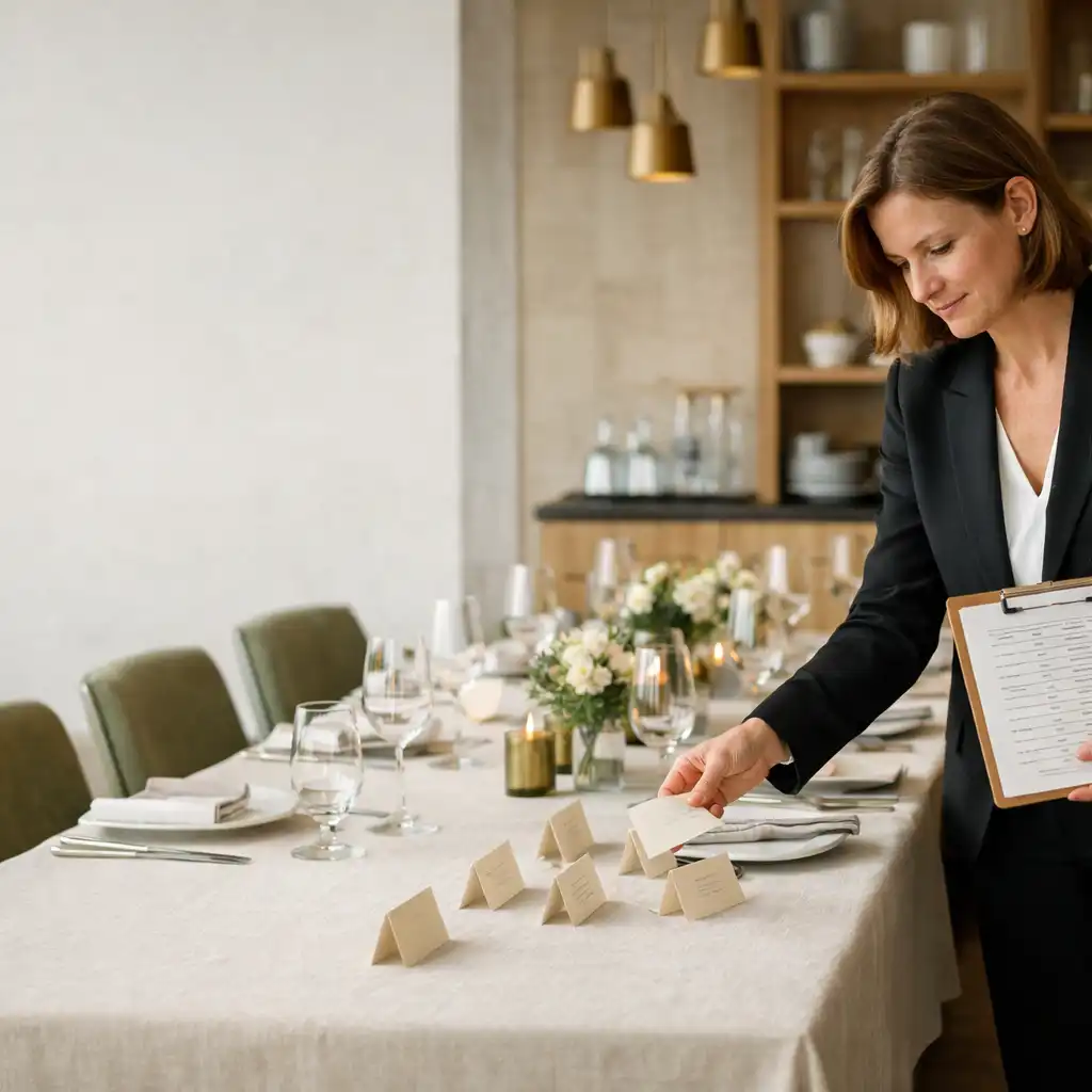 Professionell gekleidete Person bereitet in einem hellen Restaurant einen Gästetisch und Unterlagen für ein Offline-Event vor.