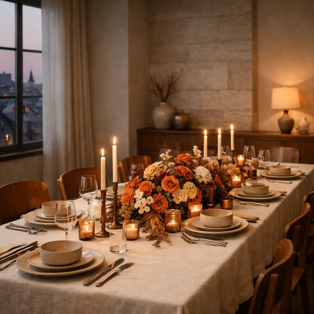 Vorbereitetes Jubiläumsdinner in Frankfurt mit cremefarbenem Leinen und kupferfarbenen Details