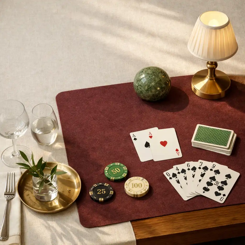 Dressed restaurant table with cream linen, wine-coloured insert and brass detail