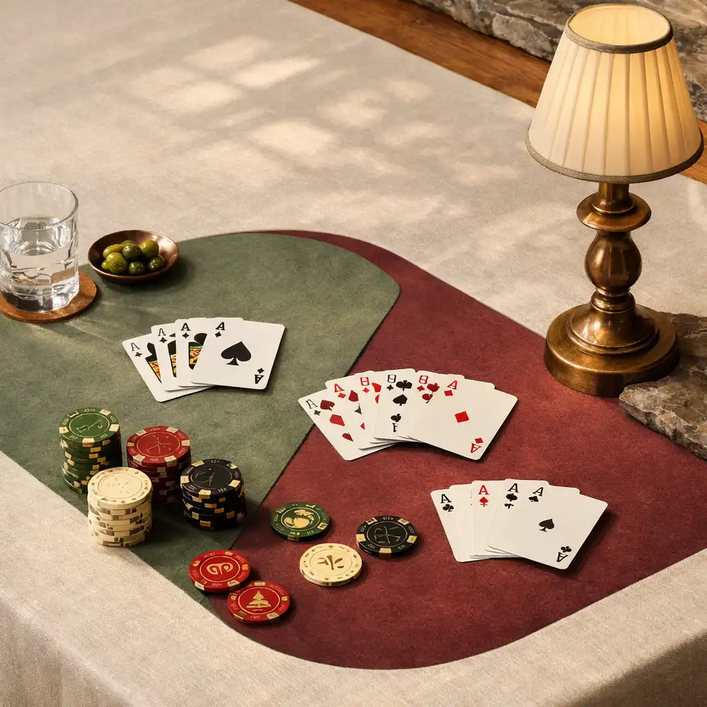 Heller, kuratierter Eventtisch mit Leinen, Karten, Messingobjekt und farbigem Tischinsert