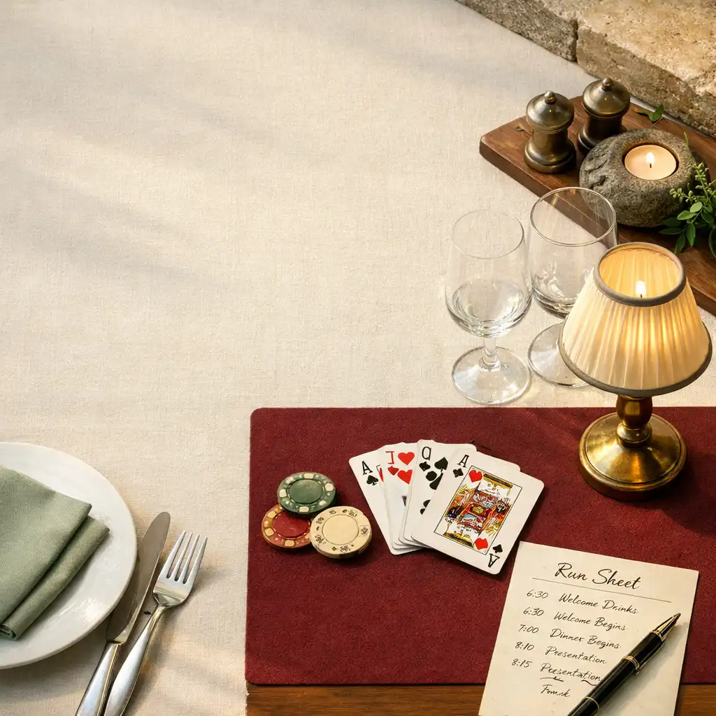 Vorbereiteter Restauranttisch mit Leinen, Notizplan, Messinglampe und kuratierten Event-Requisiten
