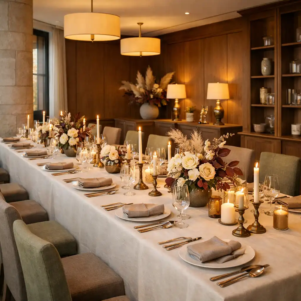 Fertig vorbereiteter Restaurantraum mit langer gedeckter Tafel, Leinen und warmem Abendlicht
