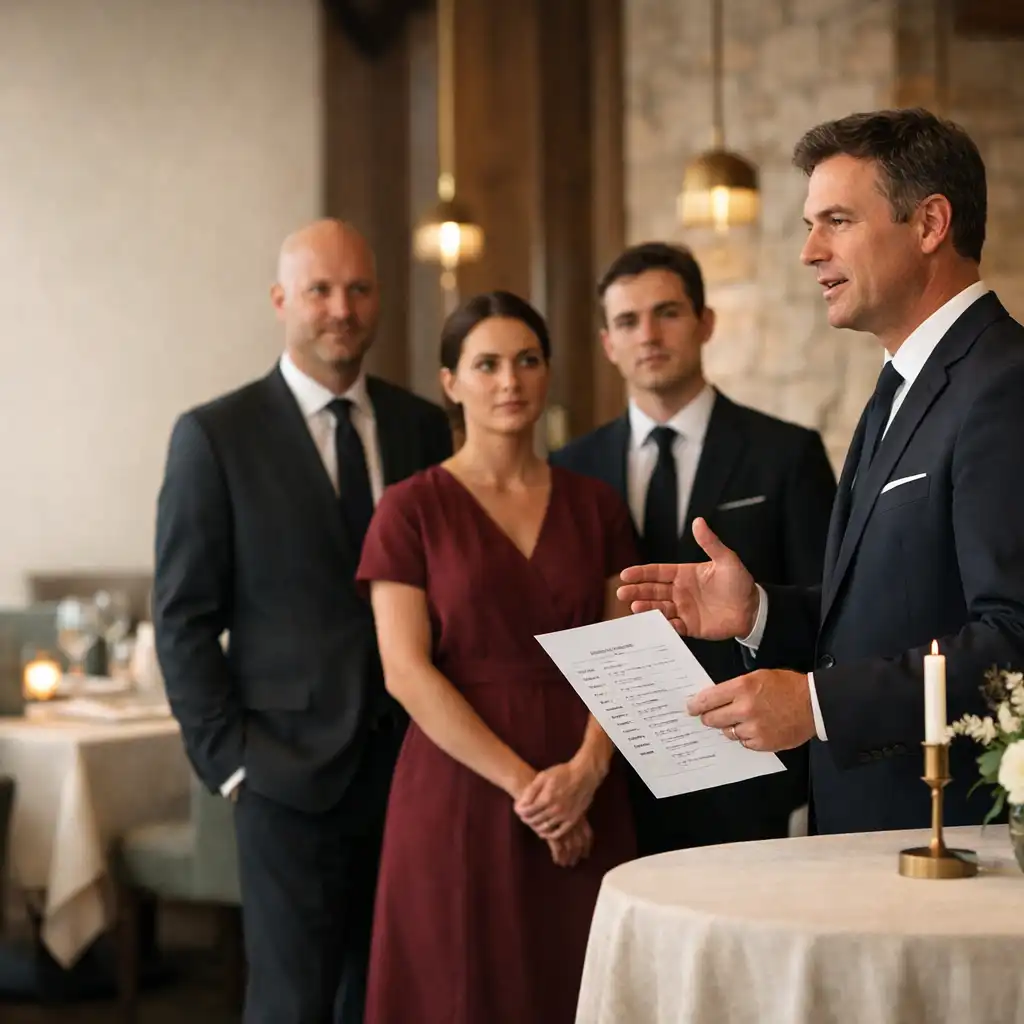 Eventhost stimmt sich vor dem Eintreffen der Gäste mit einem Team an einem Restauranttisch ab