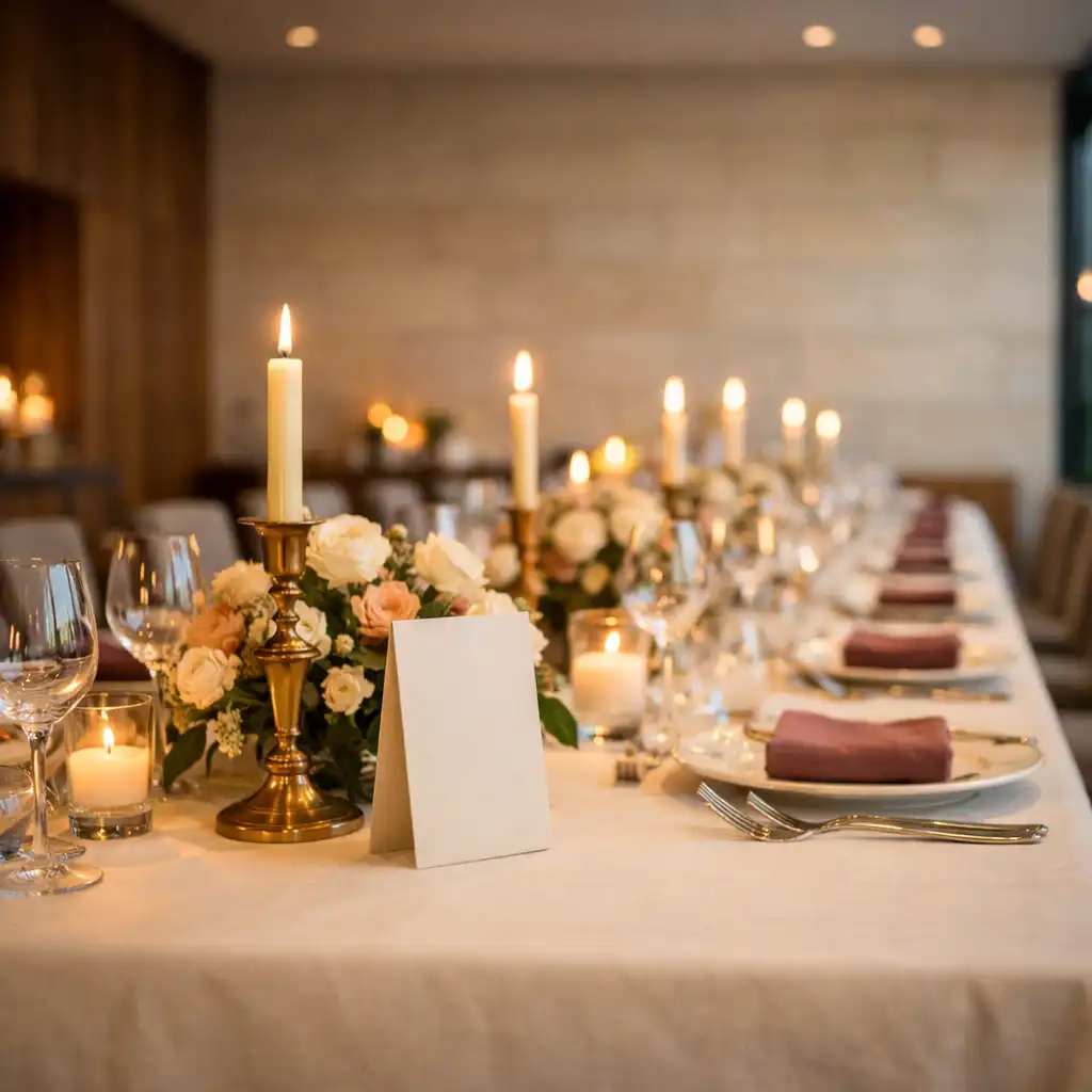 Elegant vorbereiteter Gala-Dinner-Tisch in einer modernen Restaurantumgebung