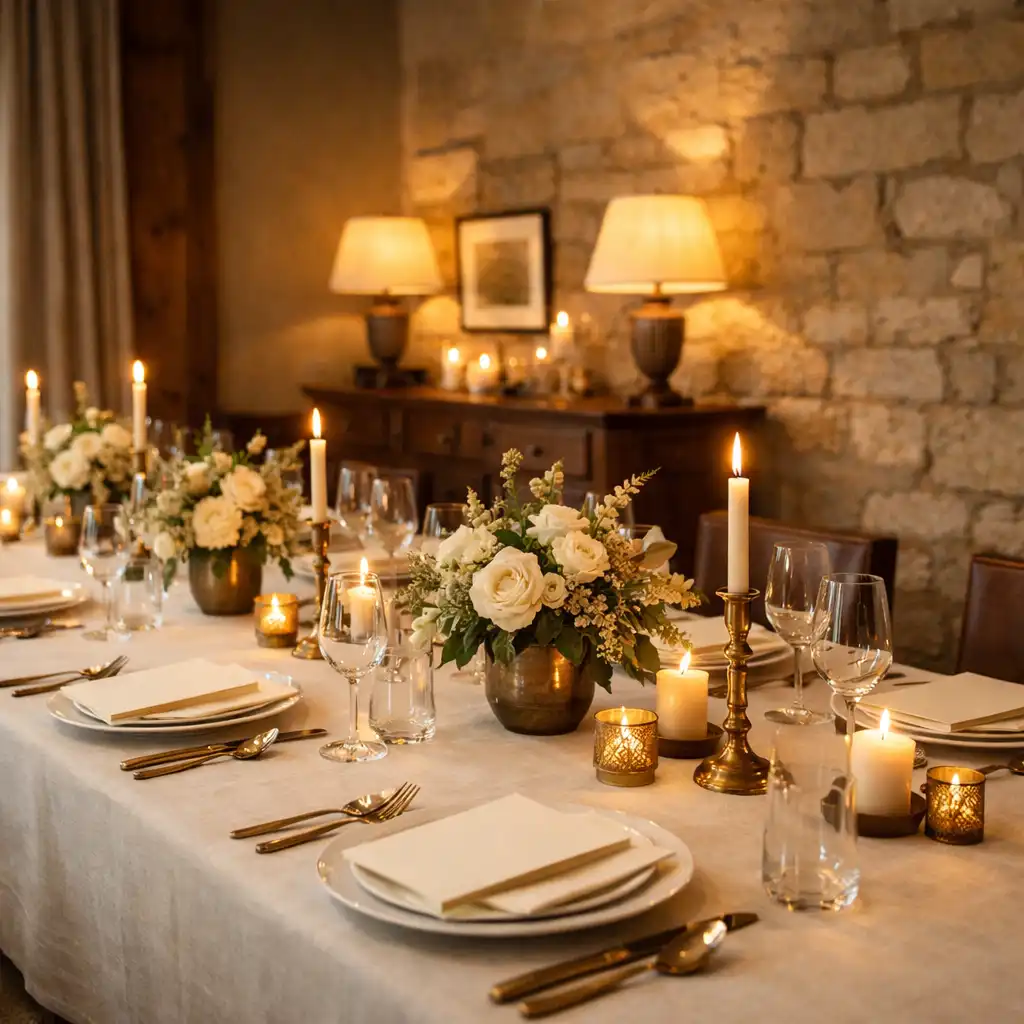 Luminous fine-dining table prepared in a restaurant private room