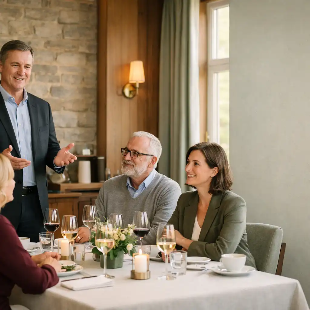 Professioneller Host im Gespräch mit einer kleinen Gästerunde an einem gedeckten Restauranttisch