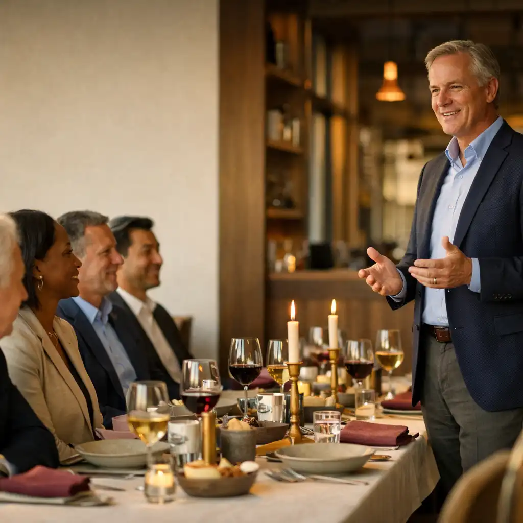 Professionell moderierte Dinner-Situation mit erwachsenen Gästen in einem hellen Restaurant