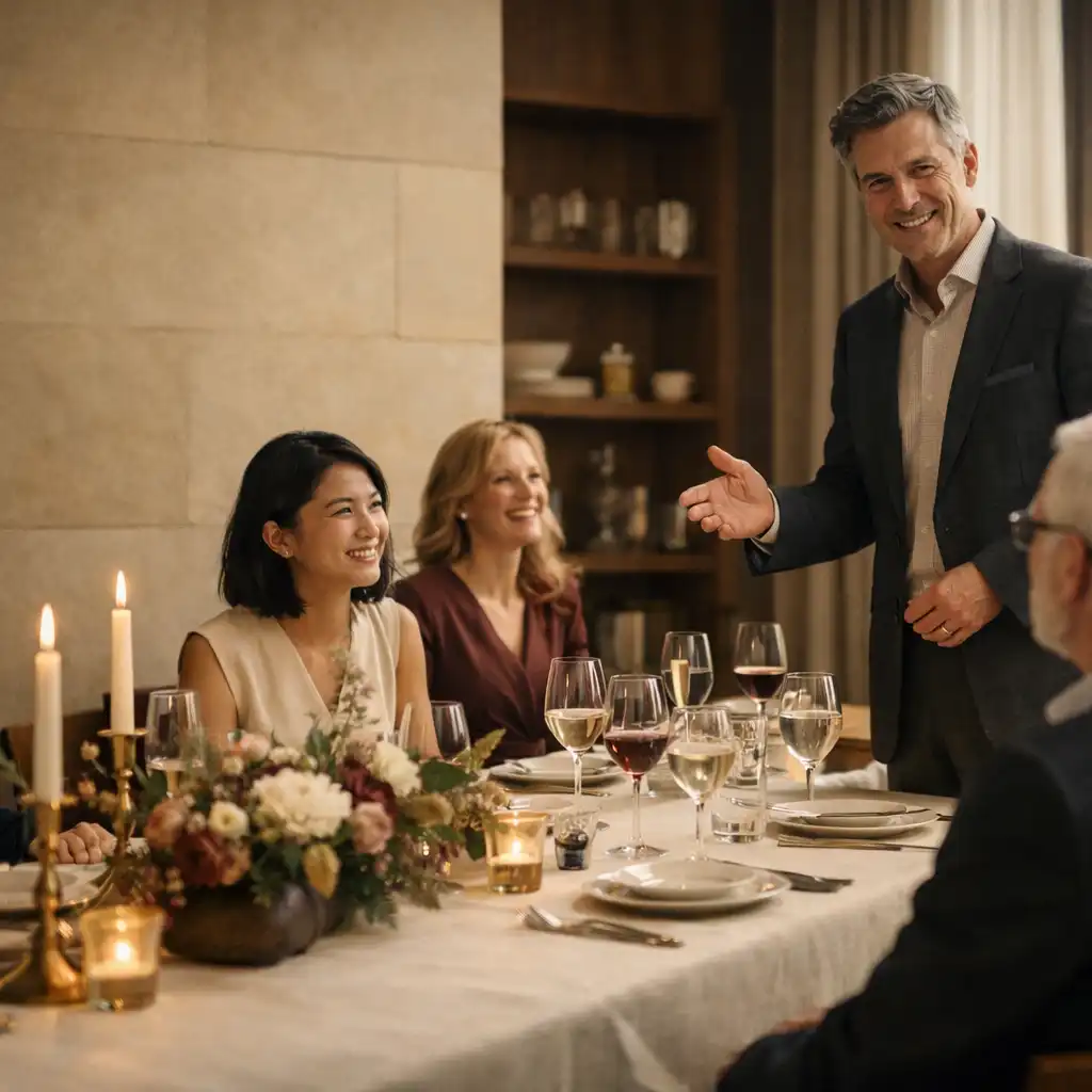 Gastgeberin begrüßt Gäste zu einem elegant vorbereiteten Dinner in einem Restaurant