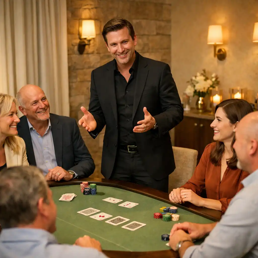 Professional host with adults around a styled table in a restaurant room