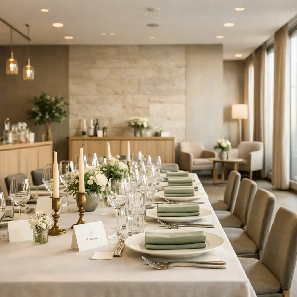 Vorbereiteter langer Restauranttisch für einen Corporate Evening in Hamburg mit sagefarbenen Details